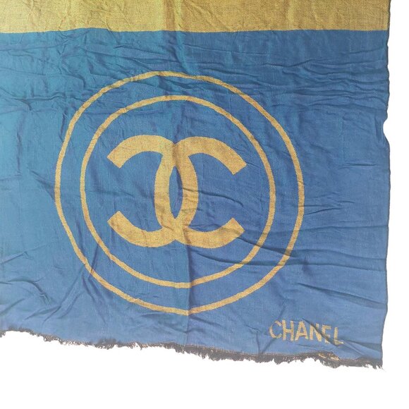 CHANEL Vintage Blue & Gold Reversible Color Block Wrap Shawl Scarf w/ CC Logo - Picture 4 of 5